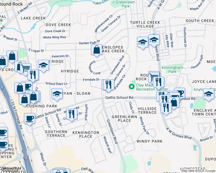 map of restaurants, bars, coffee shops, grocery stores, and more near 1308 Greenlawn Boulevard in Round Rock