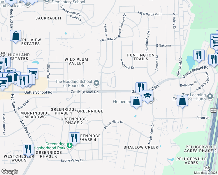 map of restaurants, bars, coffee shops, grocery stores, and more near 20413 Poppy Hills Trail in Round Rock