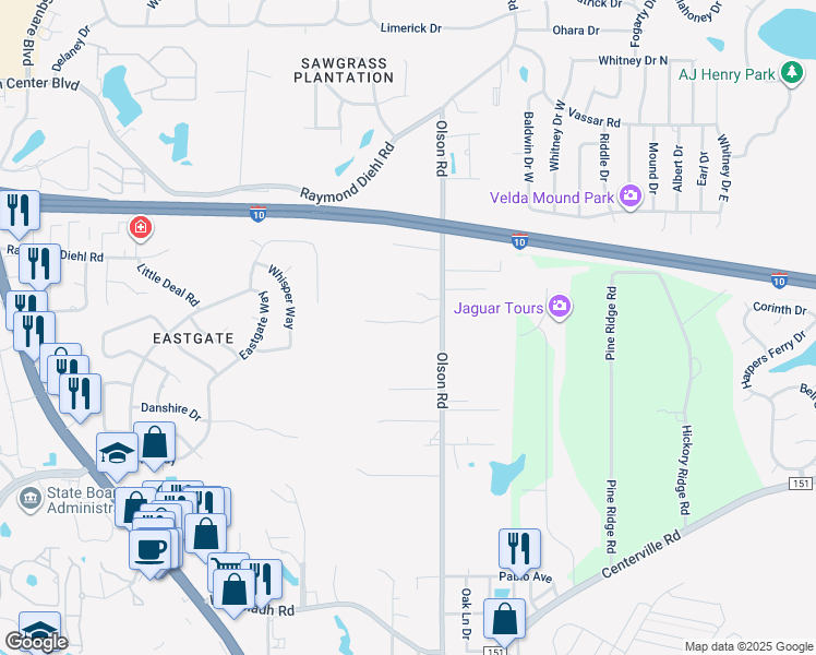 map of restaurants, bars, coffee shops, grocery stores, and more near 2769 Oak Park Court in Tallahassee