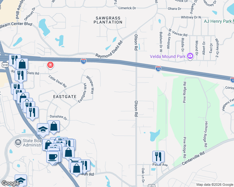 map of restaurants, bars, coffee shops, grocery stores, and more near 2725 Oak Park Court in Tallahassee
