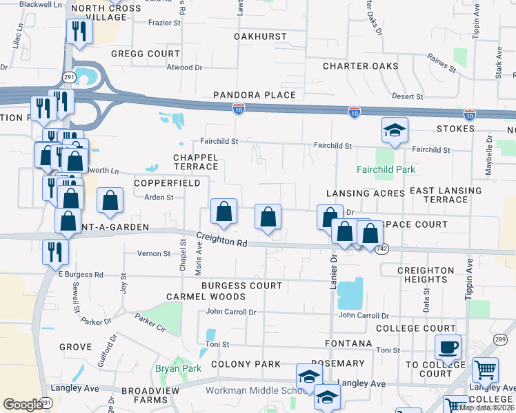 map of restaurants, bars, coffee shops, grocery stores, and more near 1490 Lansing Drive in Pensacola