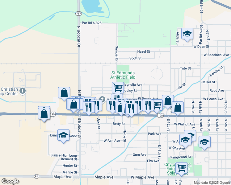 map of restaurants, bars, coffee shops, grocery stores, and more near 1800-1850 W Dudley St in Eunice