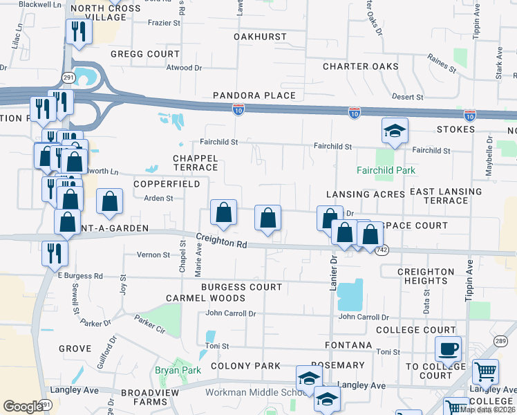 map of restaurants, bars, coffee shops, grocery stores, and more near 1490 Lansing Drive in Pensacola
