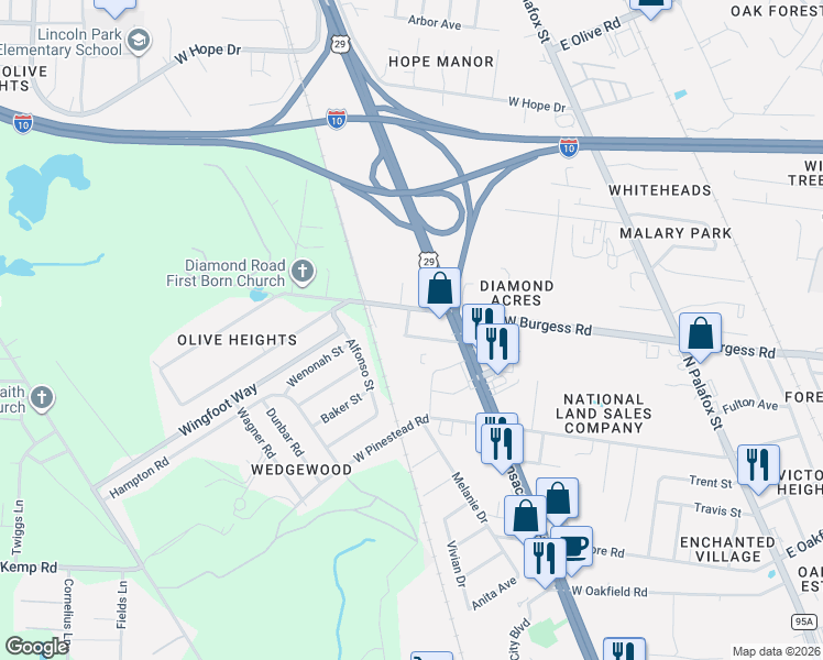 map of restaurants, bars, coffee shops, grocery stores, and more near 673 Diamond Dairy Road in Pensacola