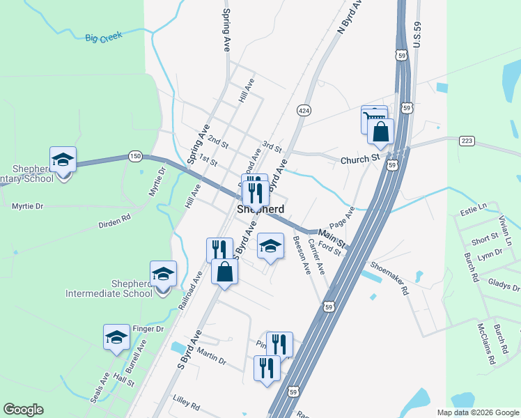 map of restaurants, bars, coffee shops, grocery stores, and more near in Shepherd