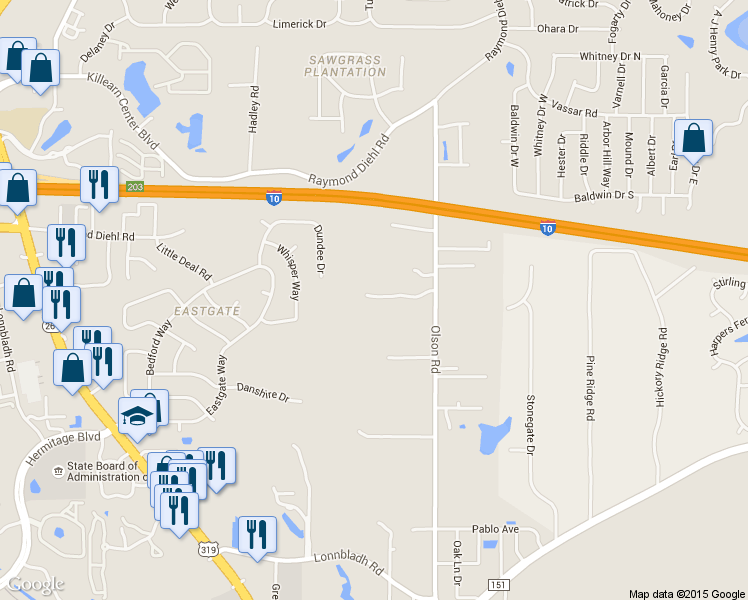 map of restaurants, bars, coffee shops, grocery stores, and more near 2725 Oak Park Court in Tallahassee