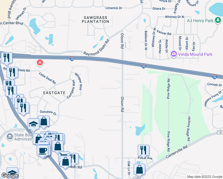 map of restaurants, bars, coffee shops, grocery stores, and more near 2761 Oak Park Court in Tallahassee