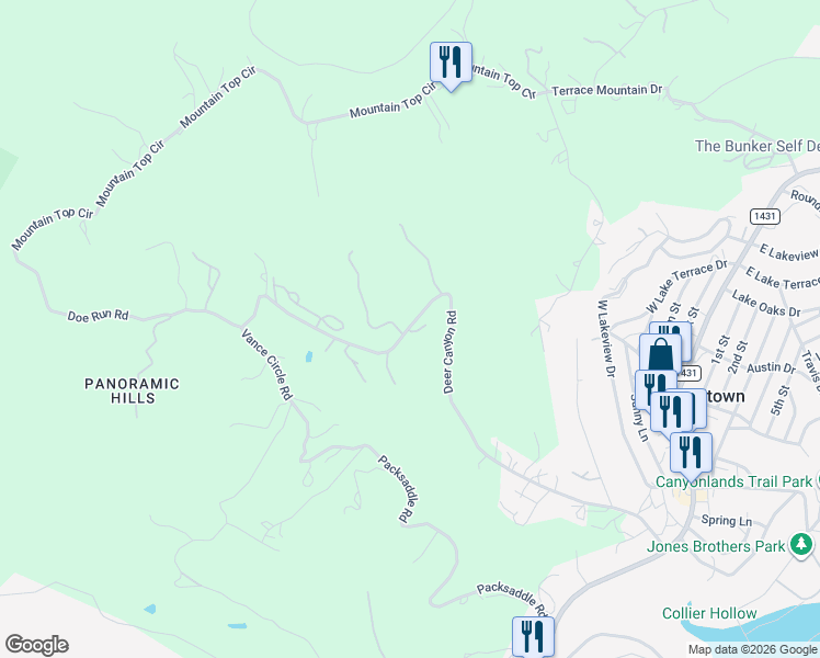 map of restaurants, bars, coffee shops, grocery stores, and more near 10723 Deer Canyon Road in Leander