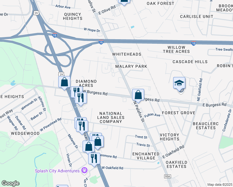 map of restaurants, bars, coffee shops, grocery stores, and more near 152 West Burgess Road in Pensacola