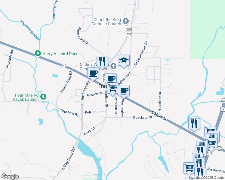 map of restaurants, bars, coffee shops, grocery stores, and more near 200 Kylea Laird Drive in Freeport
