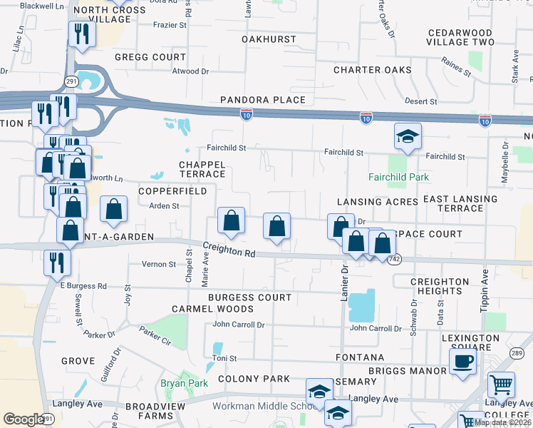 map of restaurants, bars, coffee shops, grocery stores, and more near 1490 Lansing Drive in Pensacola