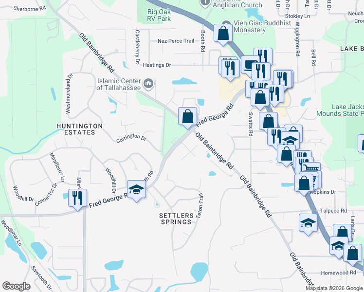 map of restaurants, bars, coffee shops, grocery stores, and more near 3481 Fred George Road in Tallahassee