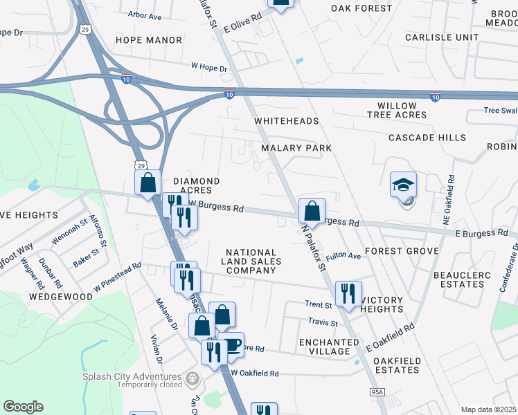 map of restaurants, bars, coffee shops, grocery stores, and more near 182 West Burgess Road in Pensacola
