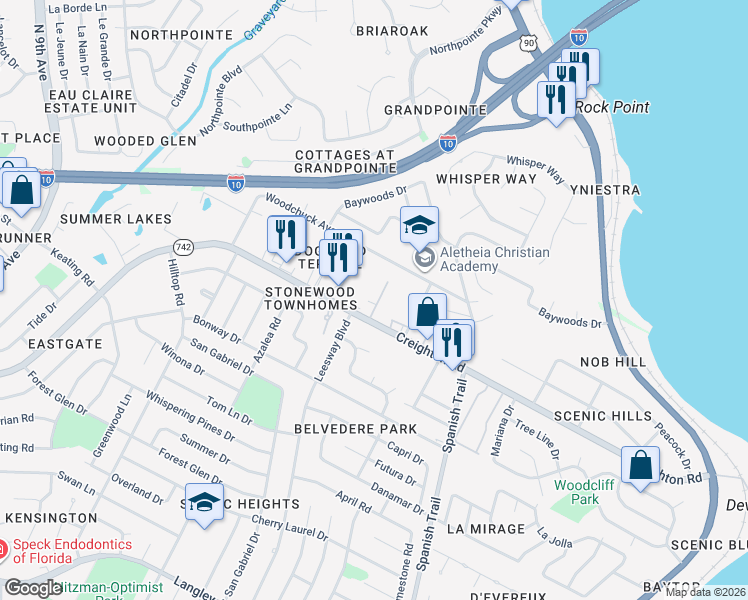 map of restaurants, bars, coffee shops, grocery stores, and more near 6100-7298 Lebanon Ln in Pensacola