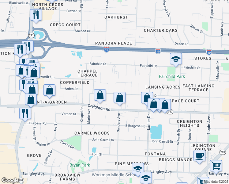 map of restaurants, bars, coffee shops, grocery stores, and more near 1490 Lansing Drive in Pensacola