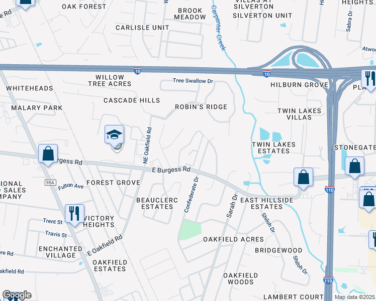 map of restaurants, bars, coffee shops, grocery stores, and more near 200 East Burgess Road in Pensacola
