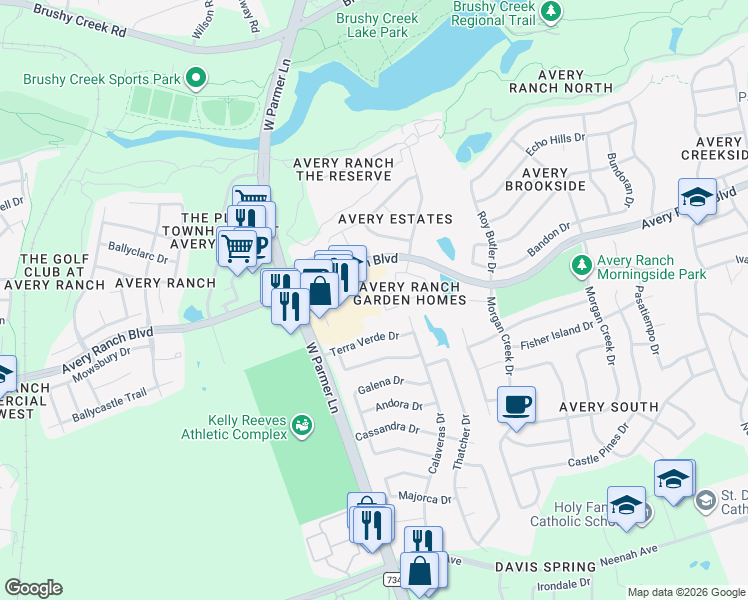 map of restaurants, bars, coffee shops, grocery stores, and more near 15536 Interlachen Drive in Austin