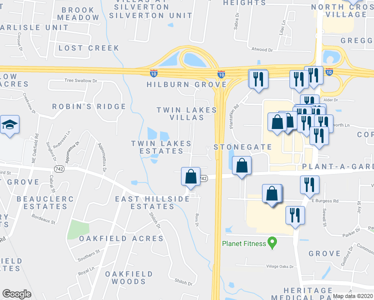 map of restaurants, bars, coffee shops, grocery stores, and more near 6043 Hilburn Road in Pensacola