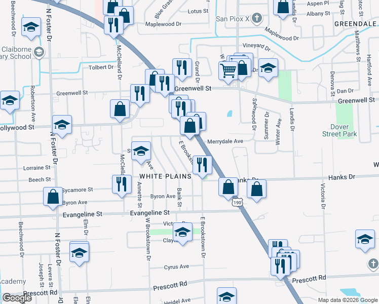map of restaurants, bars, coffee shops, grocery stores, and more near 5262 East Brookstown Drive in Baton Rouge