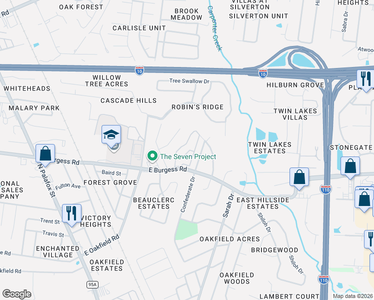 map of restaurants, bars, coffee shops, grocery stores, and more near 200 East Burgess Road in Pensacola