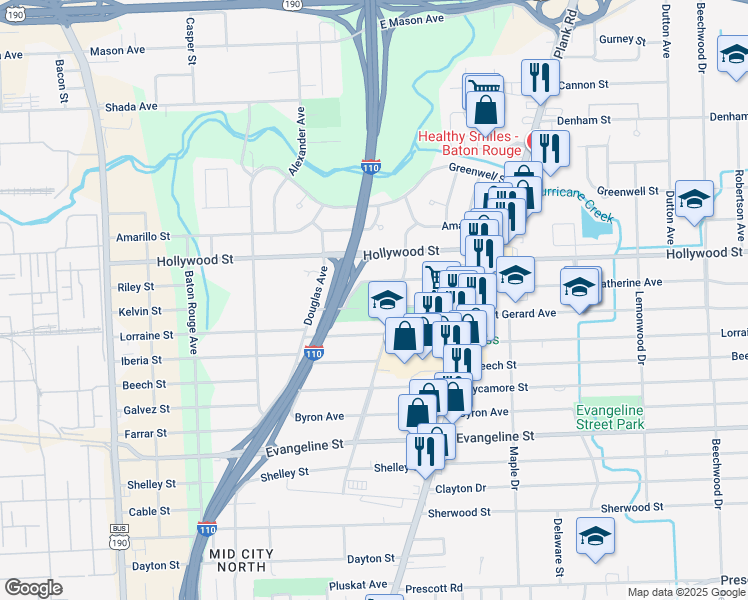 map of restaurants, bars, coffee shops, grocery stores, and more near 5201 Longfellow Drive in Baton Rouge