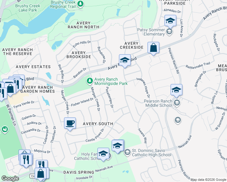 map of restaurants, bars, coffee shops, grocery stores, and more near 15712 Fisher Island Drive in Austin