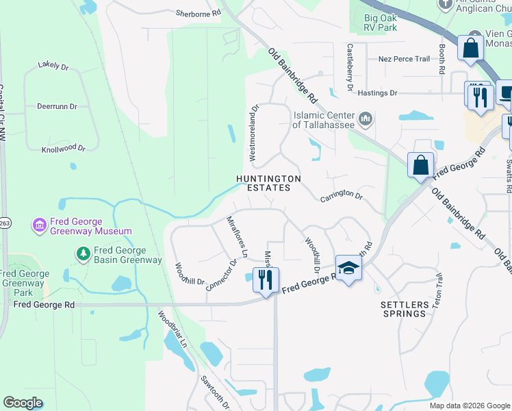 map of restaurants, bars, coffee shops, grocery stores, and more near 4214 Woodhill Court in Tallahassee