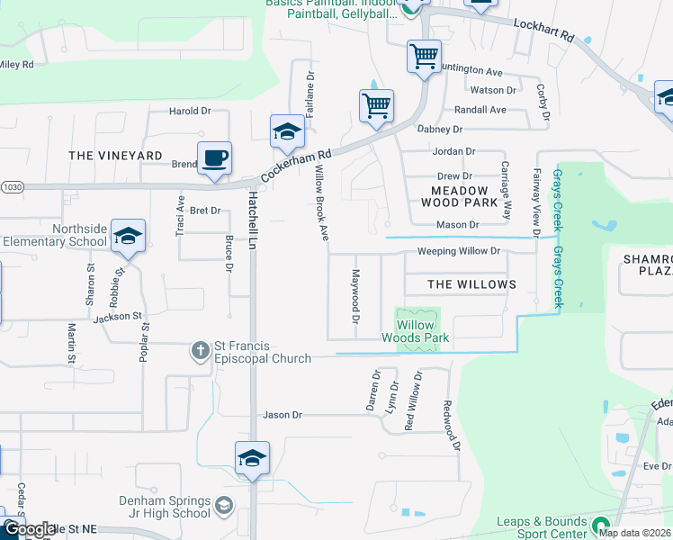 map of restaurants, bars, coffee shops, grocery stores, and more near 1043 Maywood Drive in Denham Springs