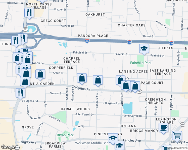 map of restaurants, bars, coffee shops, grocery stores, and more near 1490 Lansing Drive in Pensacola