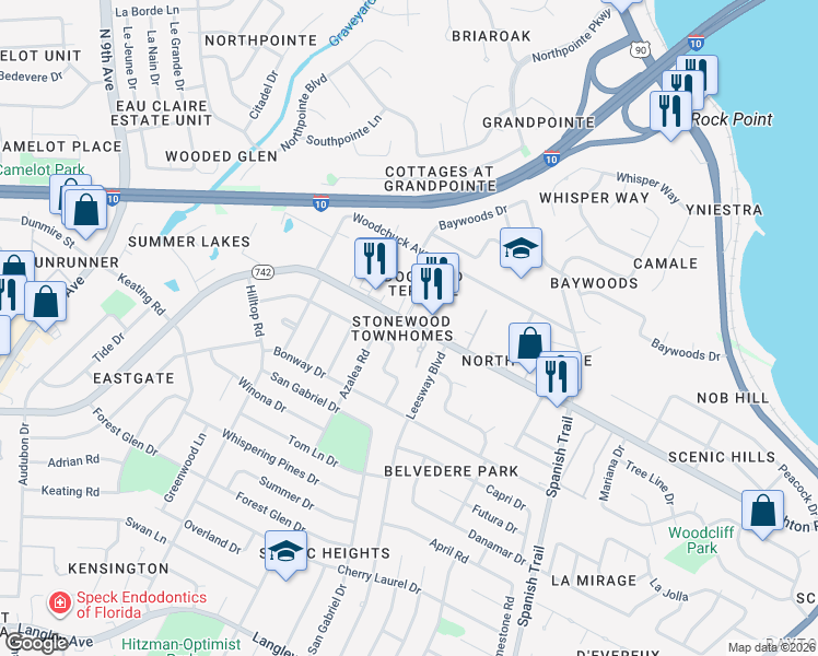 map of restaurants, bars, coffee shops, grocery stores, and more near 3825 Creighton Road in Pensacola
