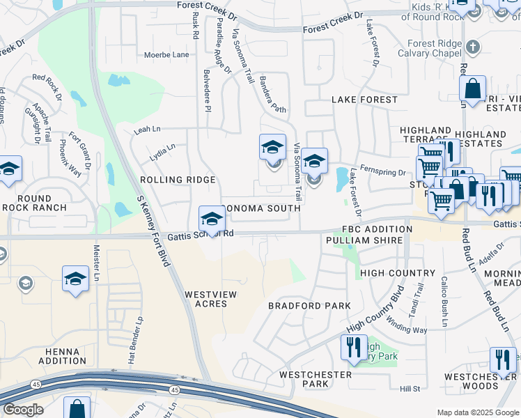 map of restaurants, bars, coffee shops, grocery stores, and more near 3529 Shiraz Loop in Round Rock