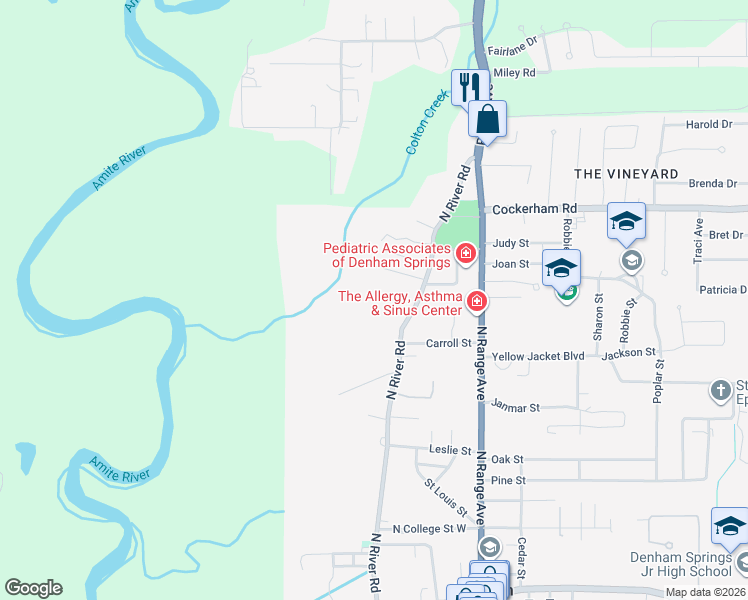 map of restaurants, bars, coffee shops, grocery stores, and more near 1101 North River Road in Denham Springs