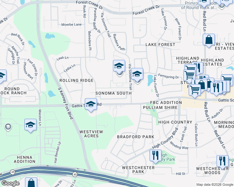 map of restaurants, bars, coffee shops, grocery stores, and more near 3529 Shiraz Loop in Round Rock