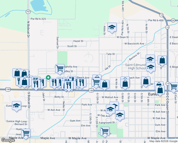 map of restaurants, bars, coffee shops, grocery stores, and more near 1400 Dudley Street in Eunice