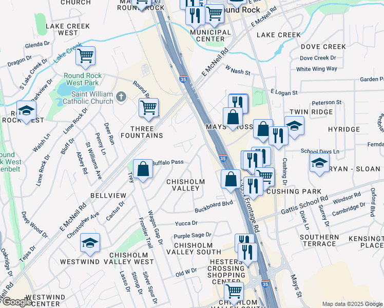 map of restaurants, bars, coffee shops, grocery stores, and more near 426 Chisholm Valley Drive in Round Rock