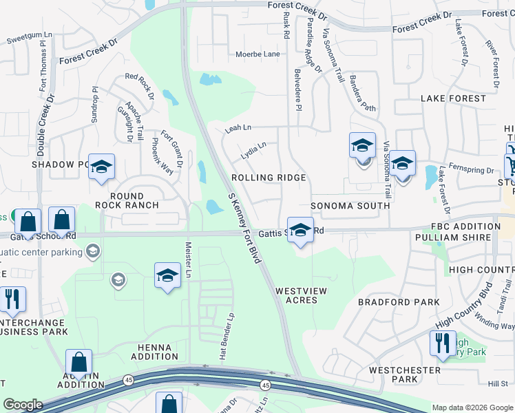 map of restaurants, bars, coffee shops, grocery stores, and more near 1014 Jennifer Lane in Round Rock