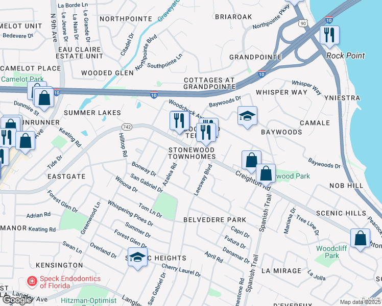 map of restaurants, bars, coffee shops, grocery stores, and more near 3815 Creighton Road in Pensacola