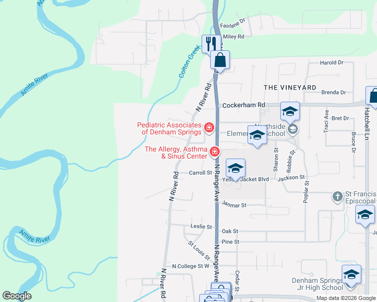 map of restaurants, bars, coffee shops, grocery stores, and more near 1116 North River Road in Denham Springs