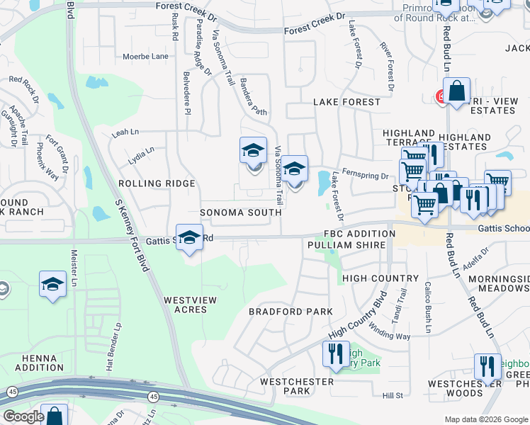 map of restaurants, bars, coffee shops, grocery stores, and more near 3511 Shiraz Loop in Round Rock