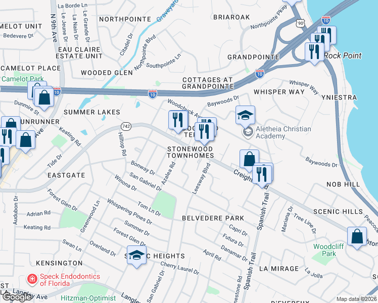 map of restaurants, bars, coffee shops, grocery stores, and more near 3825 Creighton Road in Pensacola