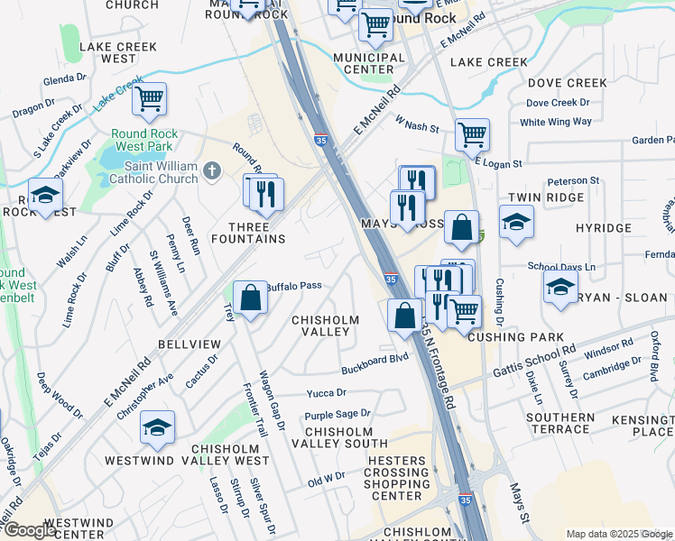 map of restaurants, bars, coffee shops, grocery stores, and more near 426 Chisholm Valley Drive in Round Rock