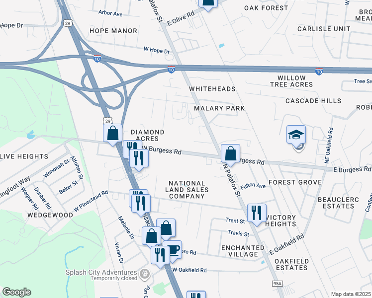 map of restaurants, bars, coffee shops, grocery stores, and more near 182 West Burgess Road in Pensacola