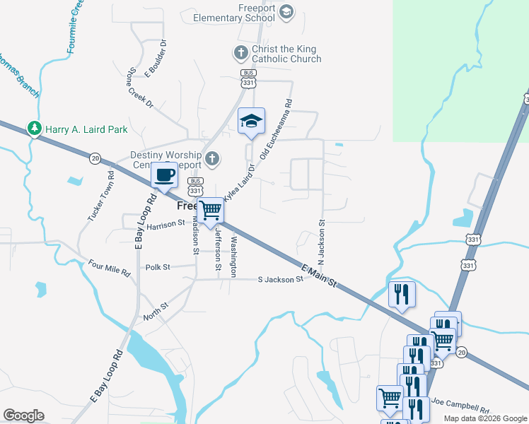 map of restaurants, bars, coffee shops, grocery stores, and more near 115 Live Oak Street in Freeport