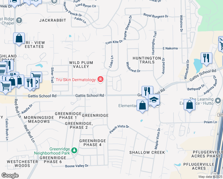 map of restaurants, bars, coffee shops, grocery stores, and more near 20405 Poppy Hills Trail in Round Rock