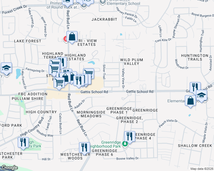 map of restaurants, bars, coffee shops, grocery stores, and more near 109 Silver Court in Round Rock