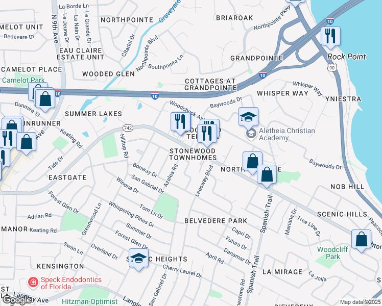 map of restaurants, bars, coffee shops, grocery stores, and more near 3825 Creighton Road in Pensacola