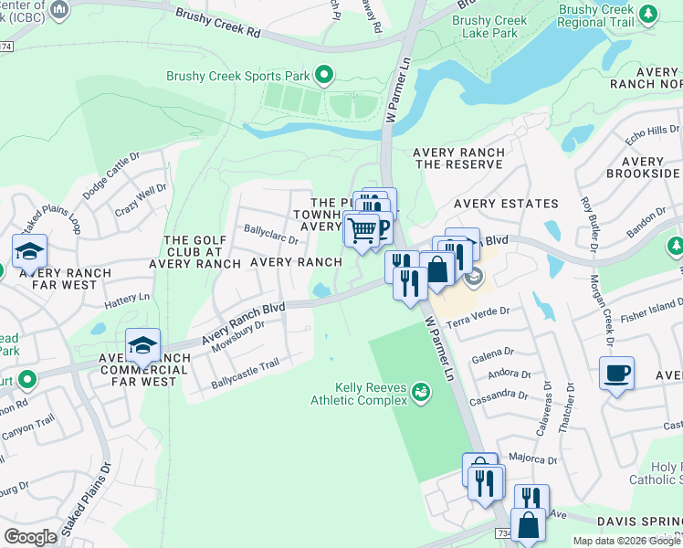 map of restaurants, bars, coffee shops, grocery stores, and more near 10721 Casitas Drive in Austin