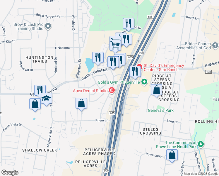 map of restaurants, bars, coffee shops, grocery stores, and more near 1400 Muirfield Bend Drive in Hutto