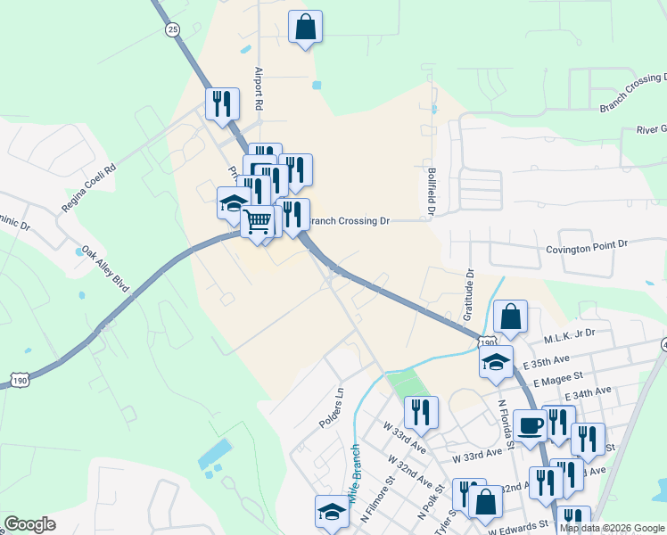 map of restaurants, bars, coffee shops, grocery stores, and more near 77170 Louisiana 25 in Covington