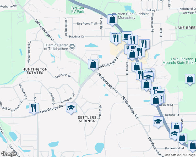 map of restaurants, bars, coffee shops, grocery stores, and more near 3436 North Carnation Court in Tallahassee